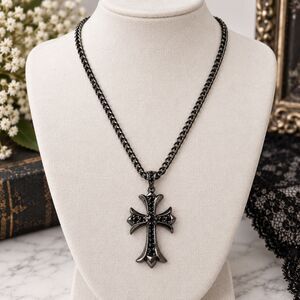 Gunmetal Black Rhinestone Cross Pendant Necklace Gothic Statement 22"